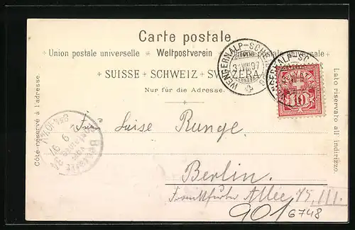 Lithographie Kleine Scheidegg-Wengernalp, Hotel Wengernalp mit Eiger, Mönch u. Jungfrau