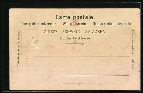 Lithographie Flüelen, Teilansicht mit Gewässer und Bergen