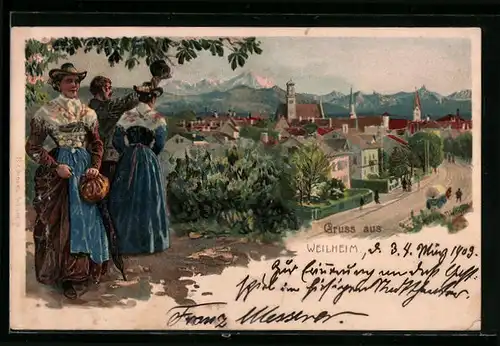 Lithographie Weilheim, Ortsansicht mit Strassenpartie aus der Vogelschau, Trachten