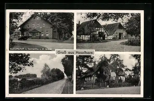 AK Haselhorn, Gastwirtschaft u. Gemischtw. v. W. Gräper, Ortspartie mit Reetgedeckten Häusern, Strassenpartie