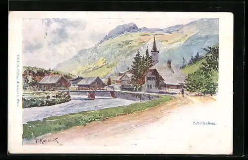 Künstler-AK Schellenberg, Ortsansicht mit Flusspartie