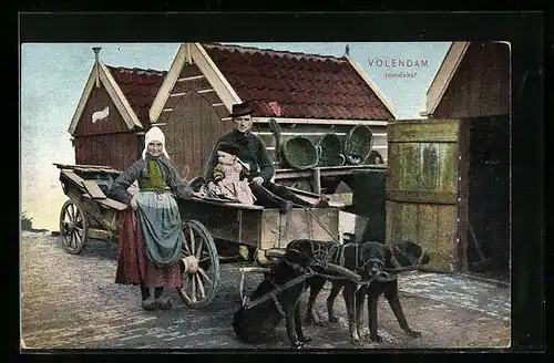 AK Volendam, Hondenkar, Familie in Trachten mit ihrem Hundegespann