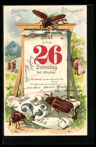 Lithographie Maikäfer mit Kalender, Frühlingsidylle mit Ausflüglern, Pfingstgruss