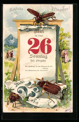 Lithographie Maikäfer mit Kalender, Frühlingsidylle mit Ausflüglern, Pfingstgruss