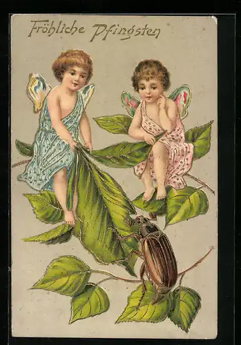 Präge-Lithographie Zwei kleine Feen und ein Maikäfer, Pfingstgruss
