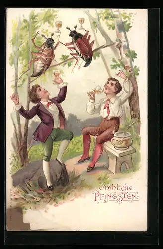 AK Maikäfer stossen mit zwei Männern an, Pfingstgrüsse