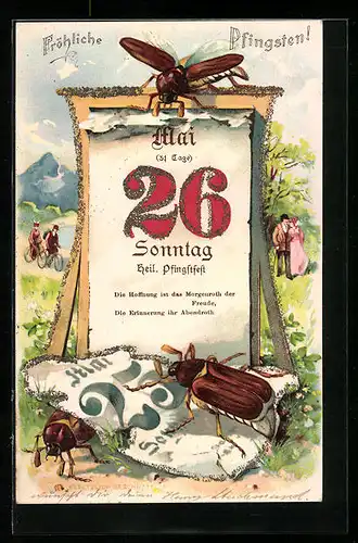 Lithographie Maikäfer mit Kalender, Frühlingsidylle mit Ausflüglern, Pfingstgruss