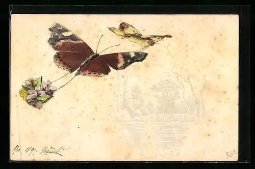 Präge-Lithographie Zwei Schmetterlinge ziehen einen Blumenkorb, See-Idylle