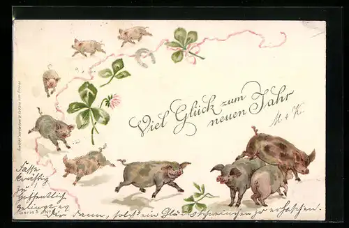 Lithographie Vergnügte Schweine und Glückssymbole, Neujahrsgruss