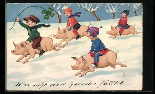 AK Kinder beim Ritt auf Schweinen im Schnee