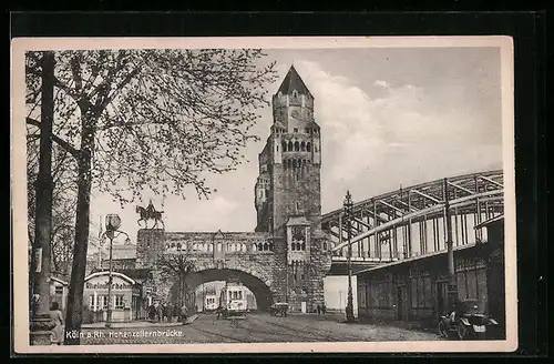 AK Köln, Hohenzollernbrücke mit Strassenbahn