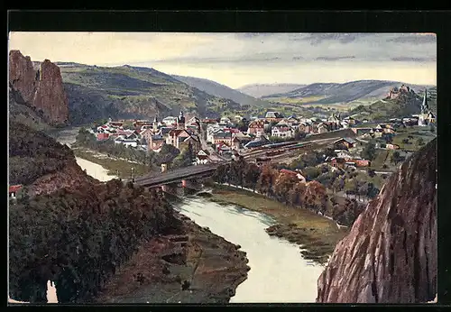 AK Münster a. Stein, Ortsansicht und Flusspartie