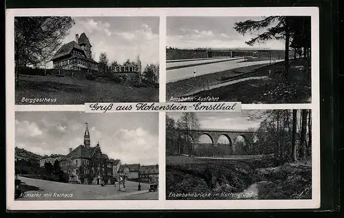 AK Hohenstein-Ernstthal, Berggasthaus, Altmarkt mit Rathaus, Eisenbahnbrücke