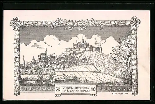 Künstler-AK Königstein, Teilansicht mit Burg im 16. Jahrhundert