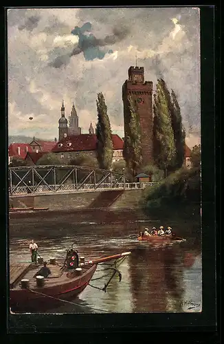 Künstler-AK Heilbronn, Partie am Neckar mit dem Götzenturm