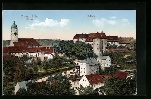 AK Nossen i. Sa., Ortspartie mit Kirche und Schloss