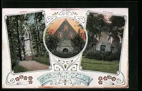 AK Alt-Zella, Betsäule, Giebel vom Wirtschaftsgebäude, Abtei-Ruine