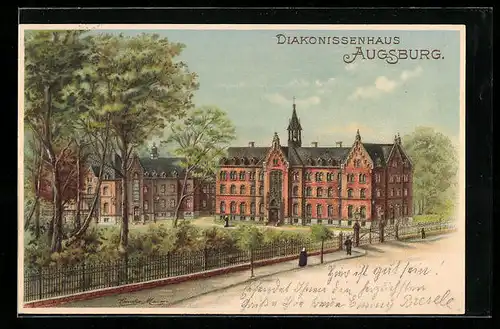 Lithographie Augsburg, Diakonissenhaus mit Anlagen und Strasse