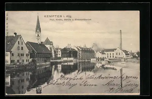 AK Kempten i. Allg., Prot. Kirche, Schule und Elektrizitätswerk