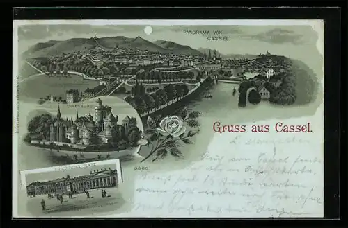 Lithographie Cassel, Totalansicht, Blick auf die Löwenburg