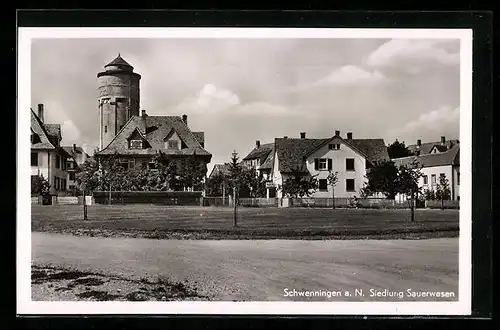 AK Schwenningen a. N., Blick in die Siedlung Sauerwasen, Wasserturm