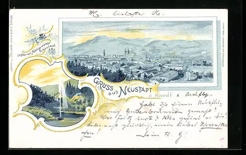 Lithographie Neustadt /Haardt, Ortsansicht aus der Vogelschau, Luftkurort Königsmühle, Schönthal