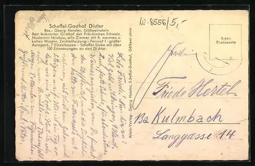 AK Gössweinstein /Fränk. Schweiz, Scheffel-Gasthof G. Hessler am Scheffeldenkmal