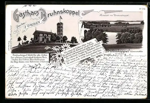 Lithographie Bruhnskoppel, Gasthaus Bruhnskoppel F. Grebien mit Aussichtsturm, Landschaftsblick