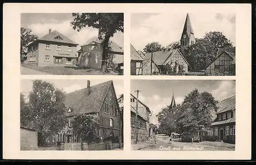 AK Römstedt, Bäckerei Friedrich Stegen, Ortspartie mit Kirche