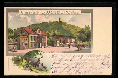 Lithographie Lauenburg /Harz, Gaststätte Lauenburg, Hirsche