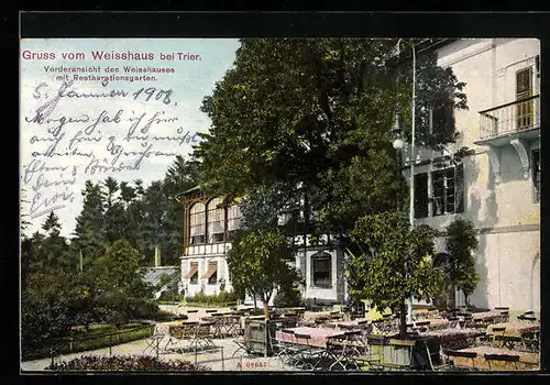 AK Trier, Gaststätte Weisshaus, Vorderansicht mit Garten