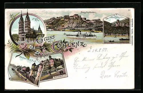 Lithographie Coblenz, Fort Constantin, Alte Häuser an der Mosel, Festung Ehrenbreitstein