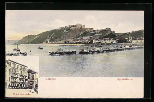 AK Coblenz, Hotel zum Anker, Ehrenbreitstein vom Wasser gesehen