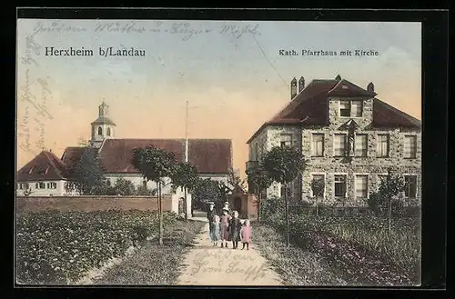 AK Herxheim bei Landau, Ortspartie mit Kath. Pfarrhaus, Feldweg und Kirche