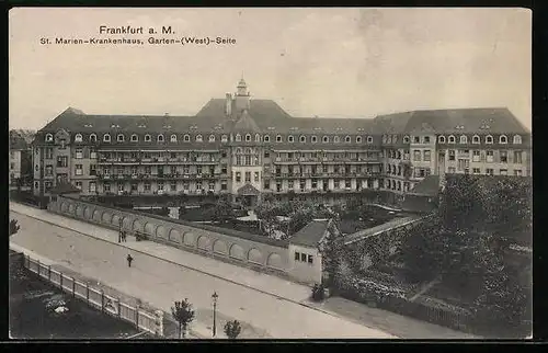 AK Frankfurt-Nordend, St. Marien-Krankenhaus, Garten- / West-Seite mit Strasse aus der Vogelschau