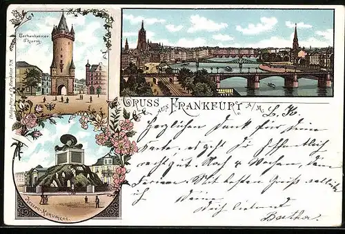 Lithographie Frankfurt a. M., Hessen-Monument, Ortsansicht mit Brücken, Eschenheimer Thurm