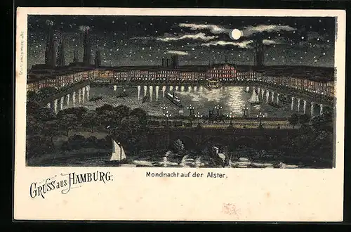 Mondschein-AK Hamburg, Mondnacht auf der Alster