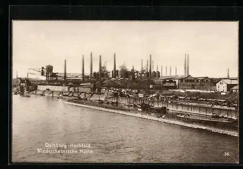 AK Duisburg-Hochfeld, Flusspartie mit Niederrheinischer Hütte