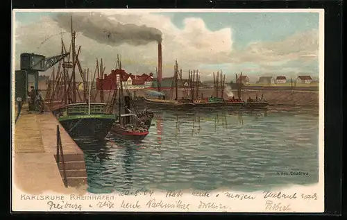 Lithographie Karlsruhe, Rheinhafen mit Segelbooten