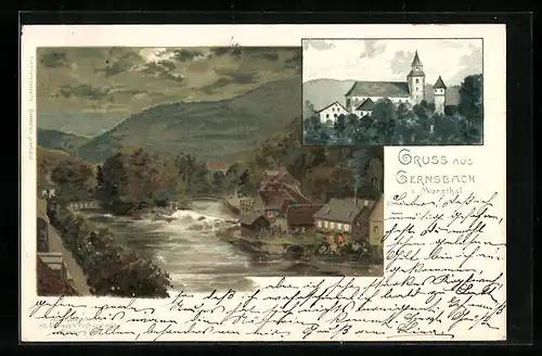 Lithographie Gernsbach i. Murgthal, Panorama mit Flusspartie