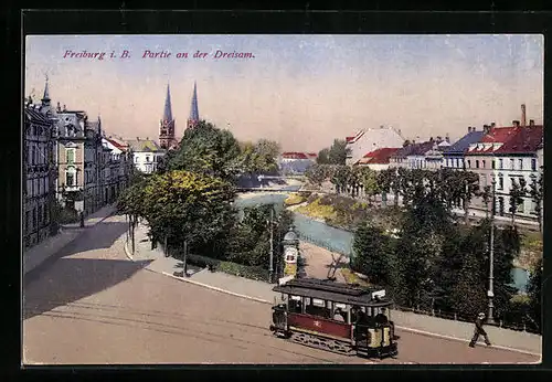 AK Freiburg i.B., Partie an der Dreisam, Strassenbahn