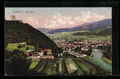 AK Waldkirch im Breisgau, die Burgruine auf dem Berg über der Stadt im Tal