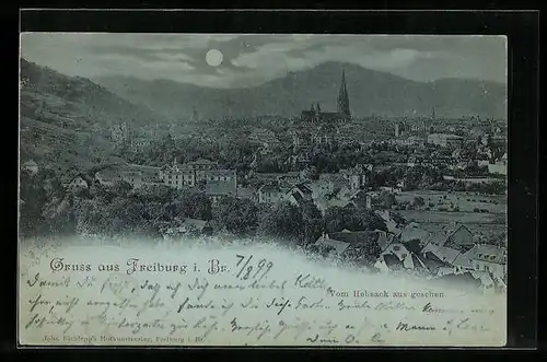 Mondschein-AK Freiburg i. Br., Ortsansicht vom Hebsack aus