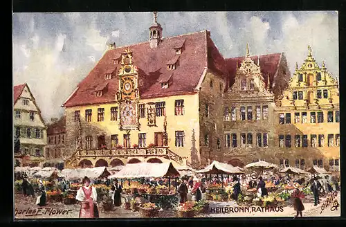 Künstler-AK Charles F. Flower: Heilbronn, Rathaus mit Marktplatz am Markttag