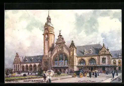 Künstler-AK Charles F. Flower: Crefeld, Blick auf Hauptbahnhof