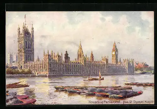 Künstler-AK Charles F. Flower: London, Houses of Parliament from St. Thomas Hospital