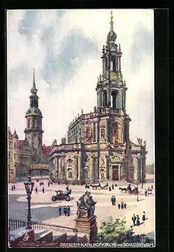 Künstler-AK Charles F. Flower: Dresden, Kath. Hofkirche und Schlossturm
