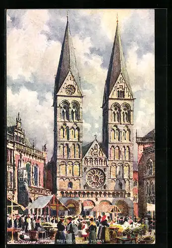Künstler-AK Charles F. Flower: Bremen, Dom und Markt am Markttag