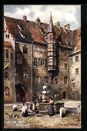 Künstler-AK Charles F. Flower: München, Alter Hof mit Brunnen