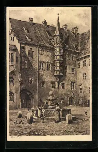 Künstler-AK Charles F. Flower: München, Alter Hof mit Brunnen